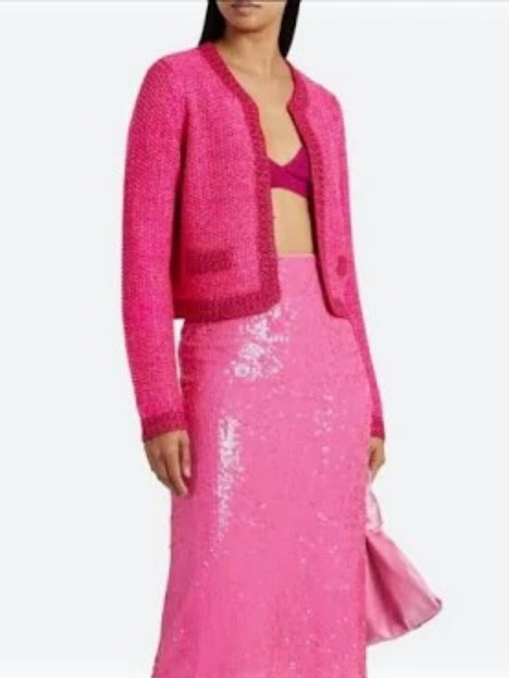 NWOT Alice and Olivia Noella Sequin Embellished Bouclé Cardigan in Wild Pink